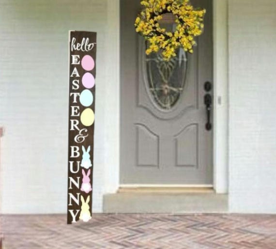 Hello Easter Eggs and Bunny Tails Wooden Porch Leaner Sign - Sealed - Multiple Heights and Stains
