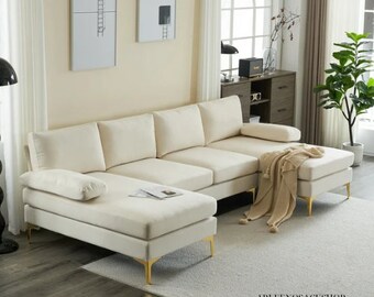 U-shaped couch with double reversible chaise, convertible sectional sofa, soft linen fabric sectional couch.