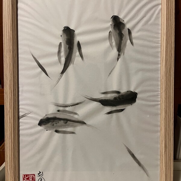 Peinture originale de poisson Sumi Koi sur papier de riz