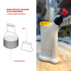 May include: A white 5mm Festool Domino glue dispenser with a yellow cap and a black and red nozzle. The dispenser is labelled "5MM FESTOOL DOMINO GLUE DISPENSER - GLUBOT COMPATIBLE ONLY".