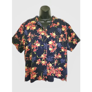 Vintage Blue Hawaiian Short-Sleeved Island Travelers Blouse with Red Flowers Size XXL