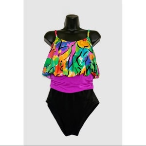 Vintage 80s One Piece Hot Pink and Black Multi-Color Bathing Suit by Roxanne Size Sm Bra Size D (modern size estm C)