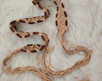 Vintage BoHo Tan Macrame Rope Belt with Wood Beads