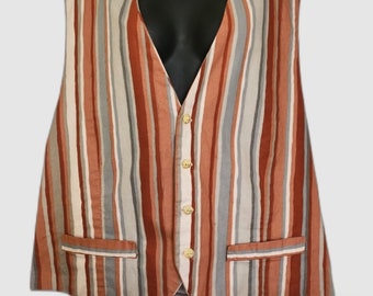 Vintage 1960s-70s Style Homemade Orange Brown Cream & Blue Striped Vest Size XXL