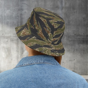 Tiger Streifen Camouflage Eimer Hut, Kappe im Militärstil, Urban Camo Sonnenhut, Outdoor Angeln Kopfbedeckung, Waldtarnung