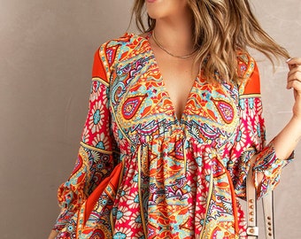 Multicolour V Neck 3/4 Sleeve Bohemian Vintage Print Mini Dress