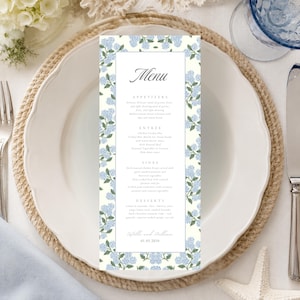 Blue Hydrangea Wedding Menu Template, Coastal Blue Floral Dinner Menu, Elegant Reception Menu Sign, Printable Wedding Menu I HYDRANGEA