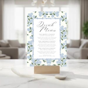 Blauwe hortensia drankje menusjabloon | Blauwe bloemen bruiloft barmenu | Barmenu Bamboo Signature Cocktails Bewerkbaar afdrukbaar bord I HYDRANGEA