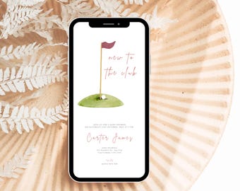 Mobilne zaproszenie na baby shower w stylu golfa, elegancki motyw na czas gry w golfa, cyfrowe zaproszenie na imprezę, baby shower dla chłopców w stylu golfa, baby shower dla nowych w klubie (GOLF)