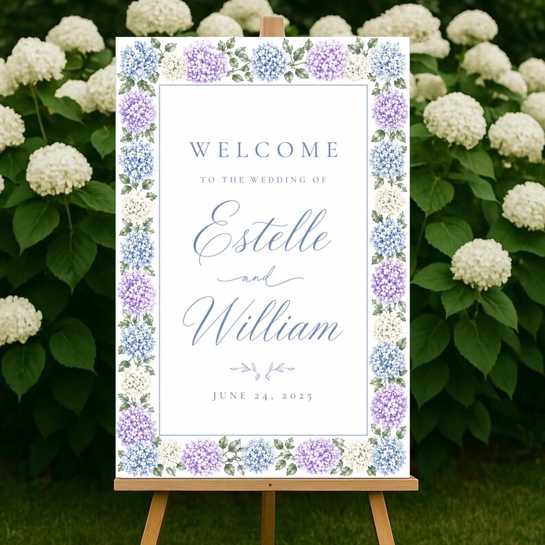 Hydrangea Wedding Welcome Sign Template | Blue Floral Welcome Sign ...