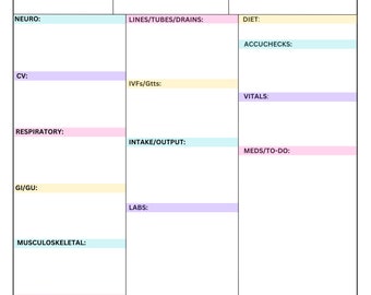 May include: A printable nurse report sheet with sections for patient background, lines/tubes/drains, diet, vitals, meds/to-do, labs, and more.