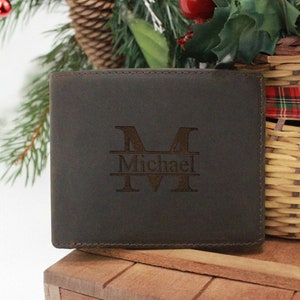 Cartera de cuero de grano completo hecha a mano, regalo personalizado de aniversario y Navidad para él, carteras personalizadas grabadas para hombres, novios, padrinos de boda