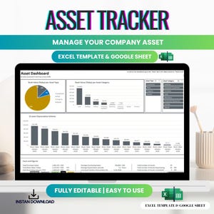 Puede incluir: Una plantilla digital de seguimiento de activos que se muestra en la pantalla de una computadora portátil. La pantalla muestra gráficos para la gestión de activos de la empresa, con el texto "ASSET TRACKER". Totalmente editable y fácil de usar.