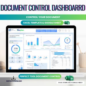 Op de afbeelding: Een computerscherm met een documentcontrole dashboard met grafieken en datavisualisaties. Het scherm toont de tekst "DOCUMENT CONTROL DASHBOARD" en "CONTROL YOUR DOCUMENT". Het dashboard bevat gegevens over documentstatus en revisies.