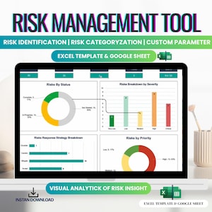 May include: A laptop screen showing a risk management tool with data visualisations. The title "RISK MANAGEMENT TOOL" is at the top. The screen displays pie charts and bar graphs. Text includes "RISK IDENTIFICATION" and "VISUAL ANALYTICK OF RISK INSIGHT".