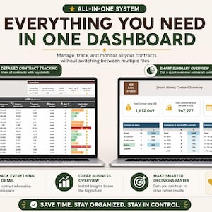 以下が含まれることがあります： 「EVERYTHING YOU NEED IN ONE DASHBOARD」のテキストが表示された2台のラップトップ。契約追跡、ビジネス概要、スマートな意思決定機能を強調しています。デザインはクリーンでプロフェッショナルで、データ視覚化に焦点を当てています。