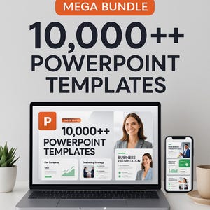 May include: A laptop and smartphone display PowerPoint templates. The laptop screen shows "10,000++ PowerPoint Templates" with a woman's image. The smartphone displays a presentation. The image includes the text "MEGA BUNDLE".