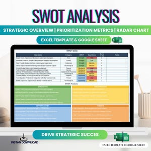 Op de afbeelding: Een laptopscherm toont een SWOT-analyse sjabloon met secties voor Sterktes, Zwaktes, Kansen en Bedreigingen. De titel "SWOT ANALYSIS" is prominent aanwezig. Het scherm toont ook een datatabel en de tekst "DRIVE STRATEGIC SUCCES".