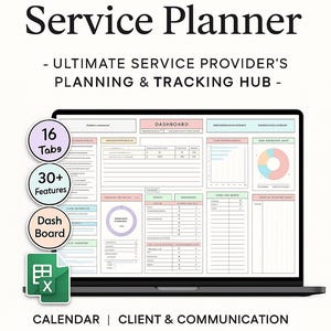 Puede incluir: Un planificador de servicios digital que se muestra en la pantalla de una computadora portátil. El planificador incluye un panel, 16 pestañas y más de 30 funciones. El texto incluye "Calendario", "Finanzas" y "Presupuesto".