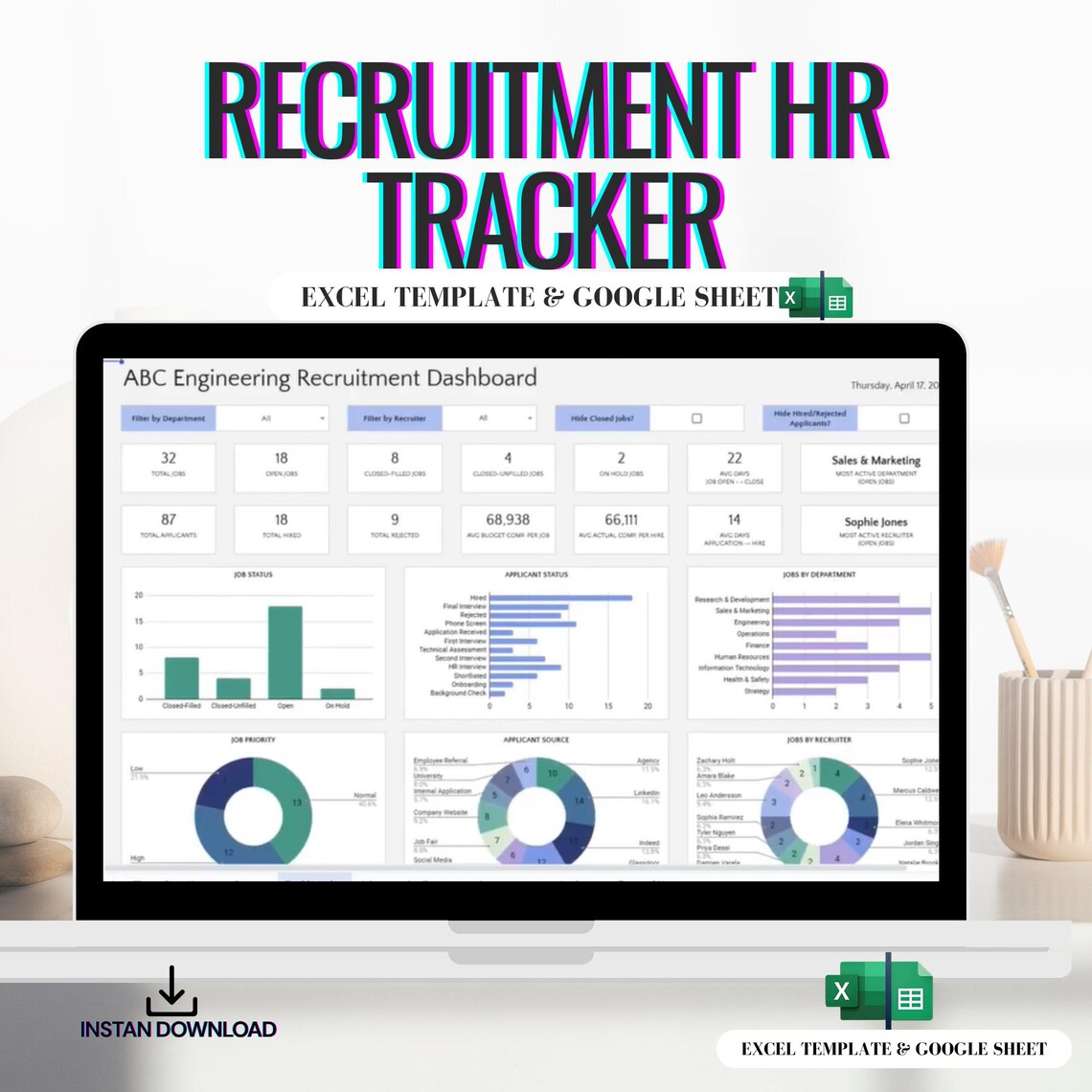 Recruitment Tracker Excel Template HR Hiring Dashboard (instant