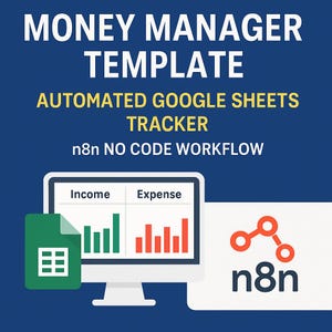 Op de afbeelding: Een digitale afbeelding die een sjabloon voor een geldbeheerder promoot. De tekst luidt "MONEY MANAGER TEMPLATE" en "AUTOMATED GOOGLE SHEETS TRACKER". Een computermonitor toont inkomsten- en uitgaven grafieken. Het n8n-logo is ook aanwezig.