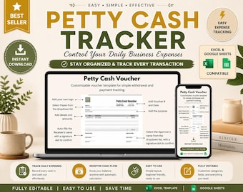 Petty Cash Tracker Excel & Google Sheets | Cash Gutschein + Abgleich + Abwicklung | Buchhaltungs-Kalkulationstabelle Vorlage
