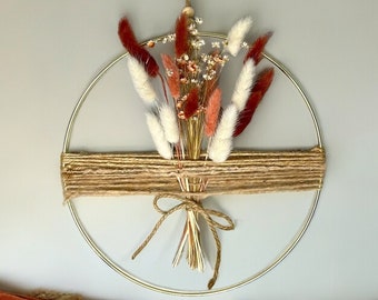 Krans met gedroogde bloemen: gouden ring, boho boerderij muurdecoratie