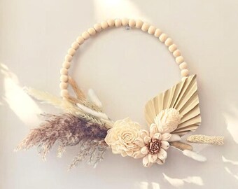 Boho Wood Bead Wreath: Sola Wood Flowers & Pampas Grass
