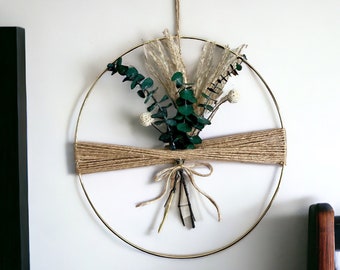 Boho eucalyptuskrans: hoepel met gedroogde bloemen en jute, boerderijmuurdecoratie