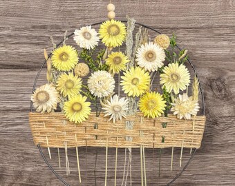 Yellow and Cream Blooms, Dried Wildflower Wreath: Boho Hoop Wall Decor, Natural Bouquet, Farmhouse, Rustic Decor