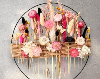 Krans roze, crème en zwarte gedroogde bloemen, boho muurkunst hoepel, boerderij rustieke stijl decor, bloemen muur hangen, minimalistische kunst