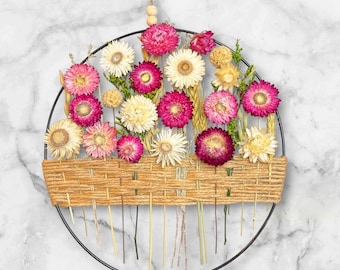 Pink, Purple and Cream Blooms, Dried Wildflower Wreath: Boho Hoop Wall Decor, Natural Bouquet, Farmhouse, Rustic Decor