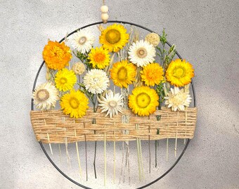 Sunflower Gold and Cream Blooms, Dried Wildflower Wreath: Boho Hoop Wall Decor, Natural Bouquet, Farmhouse, Rustic Decor