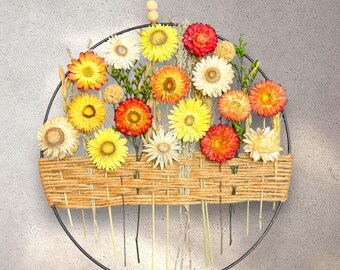 Yellow, Coral and Cream Blooms, Dried Wildflower Wreath: Boho Hoop Wall Decor, Natural Bouquet, Farmhouse, Rustic Decor
