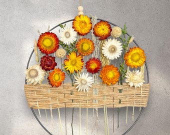 Gold, Yellow, Orange and Red Blooms, Dried Wildflower Wreath: Boho Hoop Wall Decor, Natural Bouquet, Farmhouse, Rustic Decor