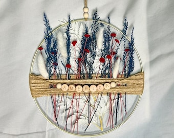 Patriotic Dried Flower Hoop: Red, White, Blue Farmhouse Wall Decor