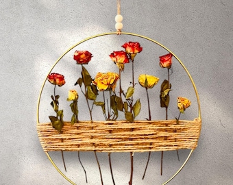Dried Rose Bouquet Hoop Wreath: Boho Farmhouse Wall Decor