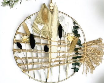 Dried Flower Wall Art: Boho Palm & Pampas Grass on Gold Hoop