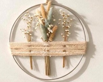 Alpaca Yarn Wall Hanging, Boho Dried Flower Art, Farmhouse Decor, Neutral Home