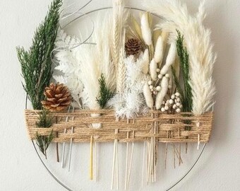 Winter White Christmas Wreath, Real Holiday Pinecone Boho Pampas Grass Decor, Greenery Wall Hanging, Dried Botanicals Farmhouse Style