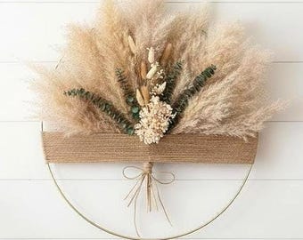 Pampas Grass Wreath, Boho Theme, Eucalyptus Wall Hanging, Farmhouse Decor, Dried Flowers, Unique Home Gift