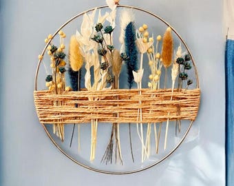 Dried Flower Wreath, Teal Blue and Cream Boho Hoop, Farmhouse Wall Decor, Naturalistic Wall Hanging, Gift for Home, Minimalist Art