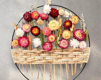 Krans gedroogde wilde bloemen: boho-muurdecoratie, natuurlijk boeket, boerderij, rustiek decor