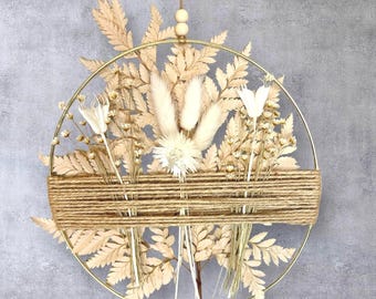 Blush Dried Flower Wall Art: Boho Gold Hoop with Fern
