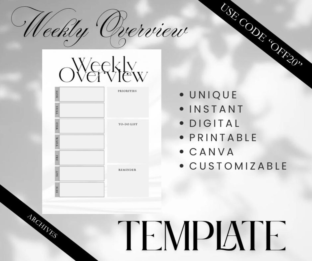 Weekly Overview Planner Template Instant Elegant Classy Printable ...