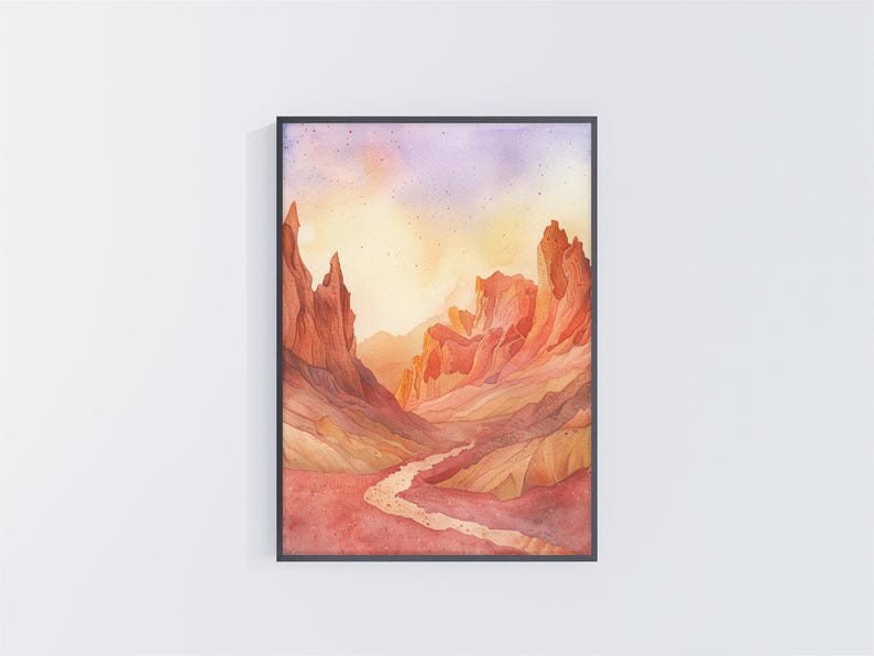 Vintage Rustic Red Mountains Poster Wide Valley Warm Orange Sky