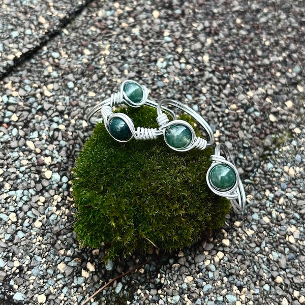 Moss Agate Wire Ring | 6mm Round Stone | Aluminum | Copper | Simple