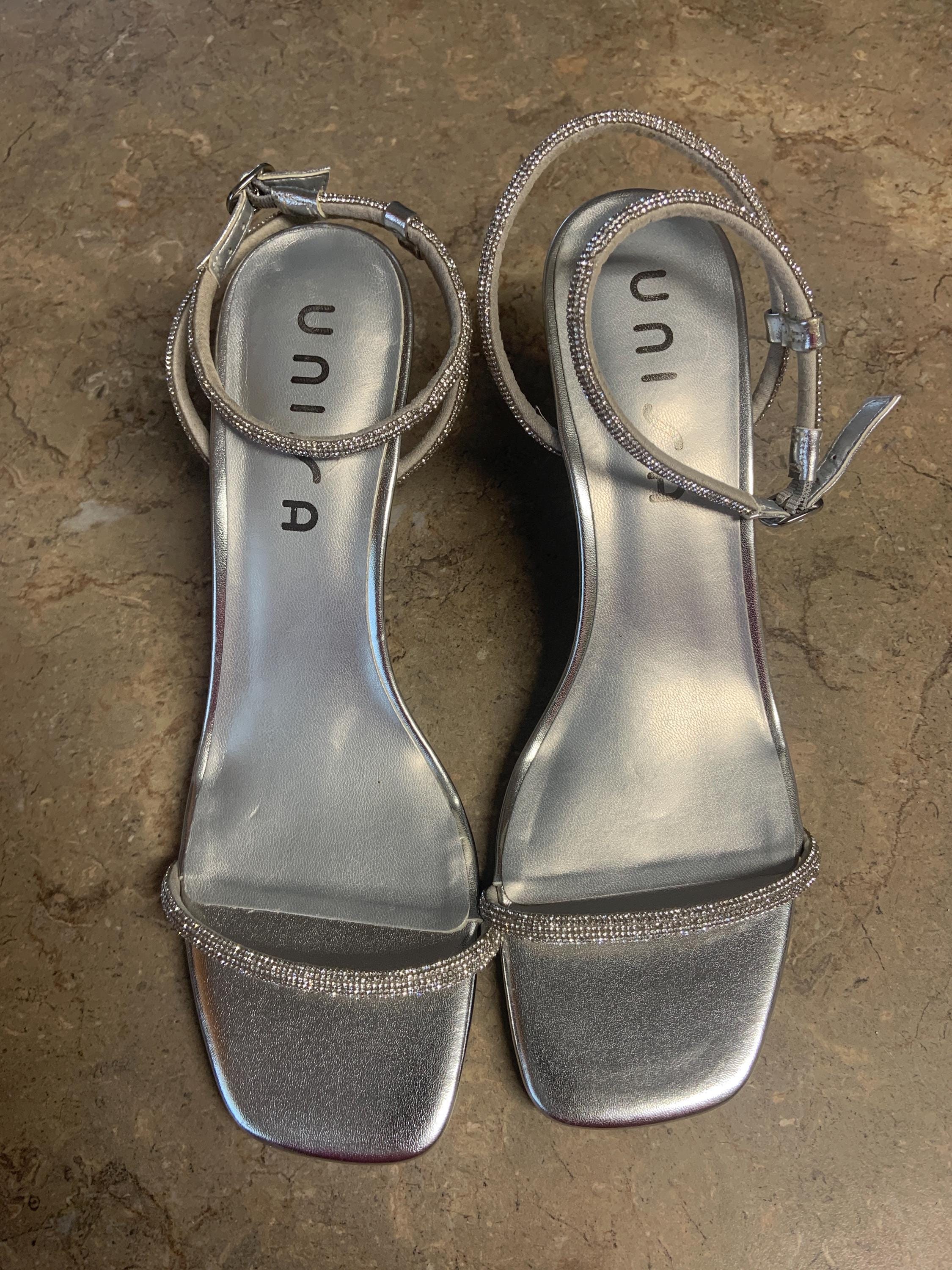 UNISA Silver Glitter Glass Stone Ankle Strap Heel Sandals, Size 11
