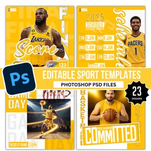 4つのPhotoshopスポーツソーシャルメディアテンプレート、試合日、試合日、最終スコア、スケジュールスポーツグラフィック用の編集可能なテンプレート