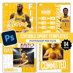 4 Photoshop Sports-sjablonen voor sociale media, bewerkbare sjablonen voor wedstrijddag, wedstrijddag, eindscore, planning sportafbeeldingen